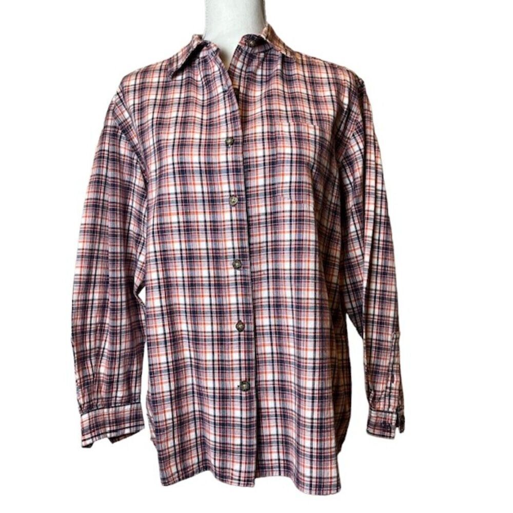 Kikomo Vintage Plaid Button Top Long‎ Sleeve Cotton Blue Orange Red Large